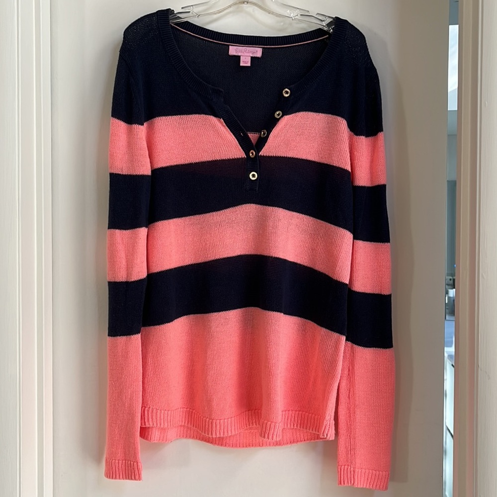 Lilly Pulitzer Adair Blue Peach Stripe Print Henley Button Sweater